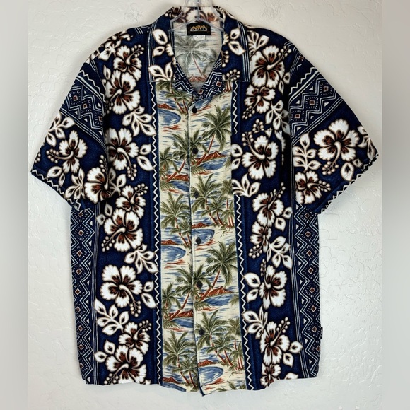 odo Other - ODO Hawaiian Floral Palm Mix Print Vintage Short Sleeve L Blue 0825